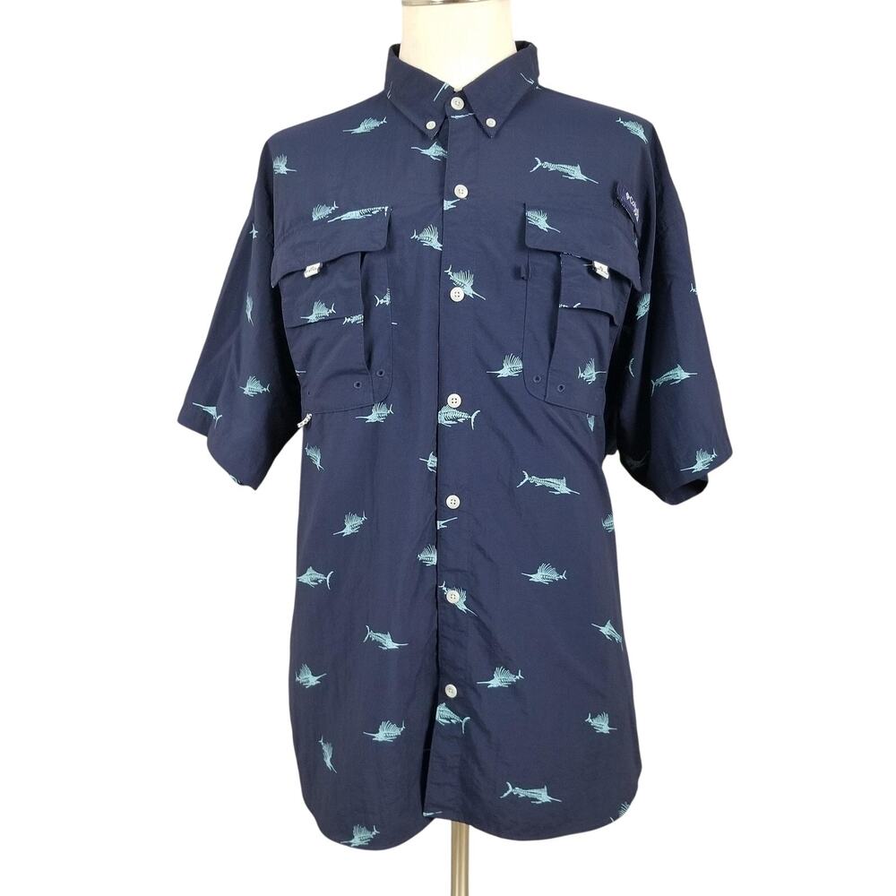 Columbia PFG Super Bahama Shirt Mens XL Blue Fish Print Omni-Shade Fishing